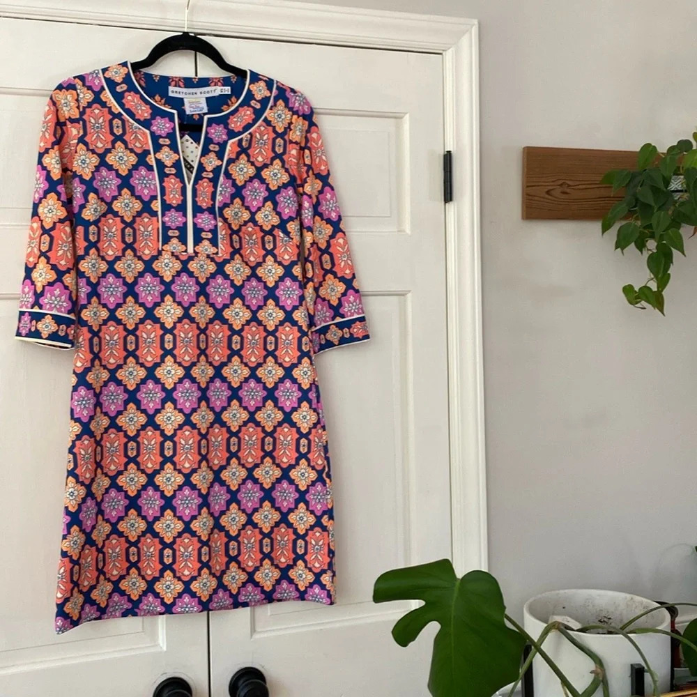 Gretchen Scott Split Neck Dress‎ Haveli New Size XS Navy Orange Pink Shift Dress